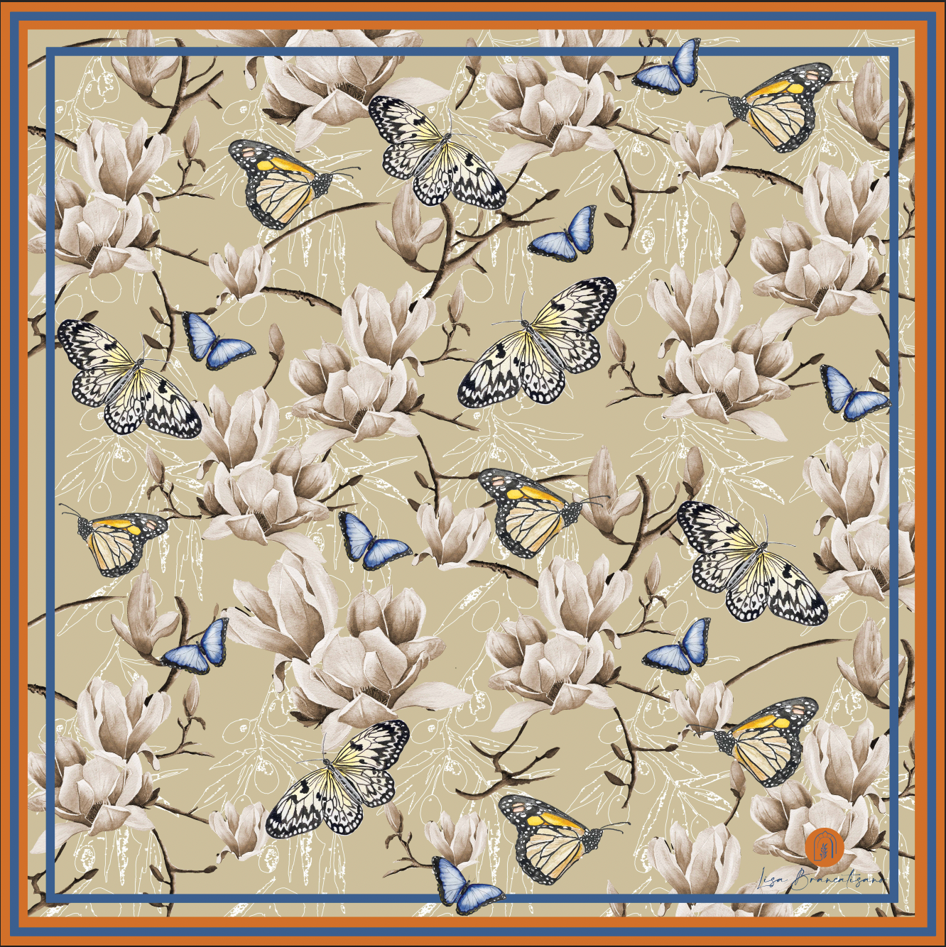 Magnolia Butterfly Silk Scarf / Foulard - 45cm x 45cm