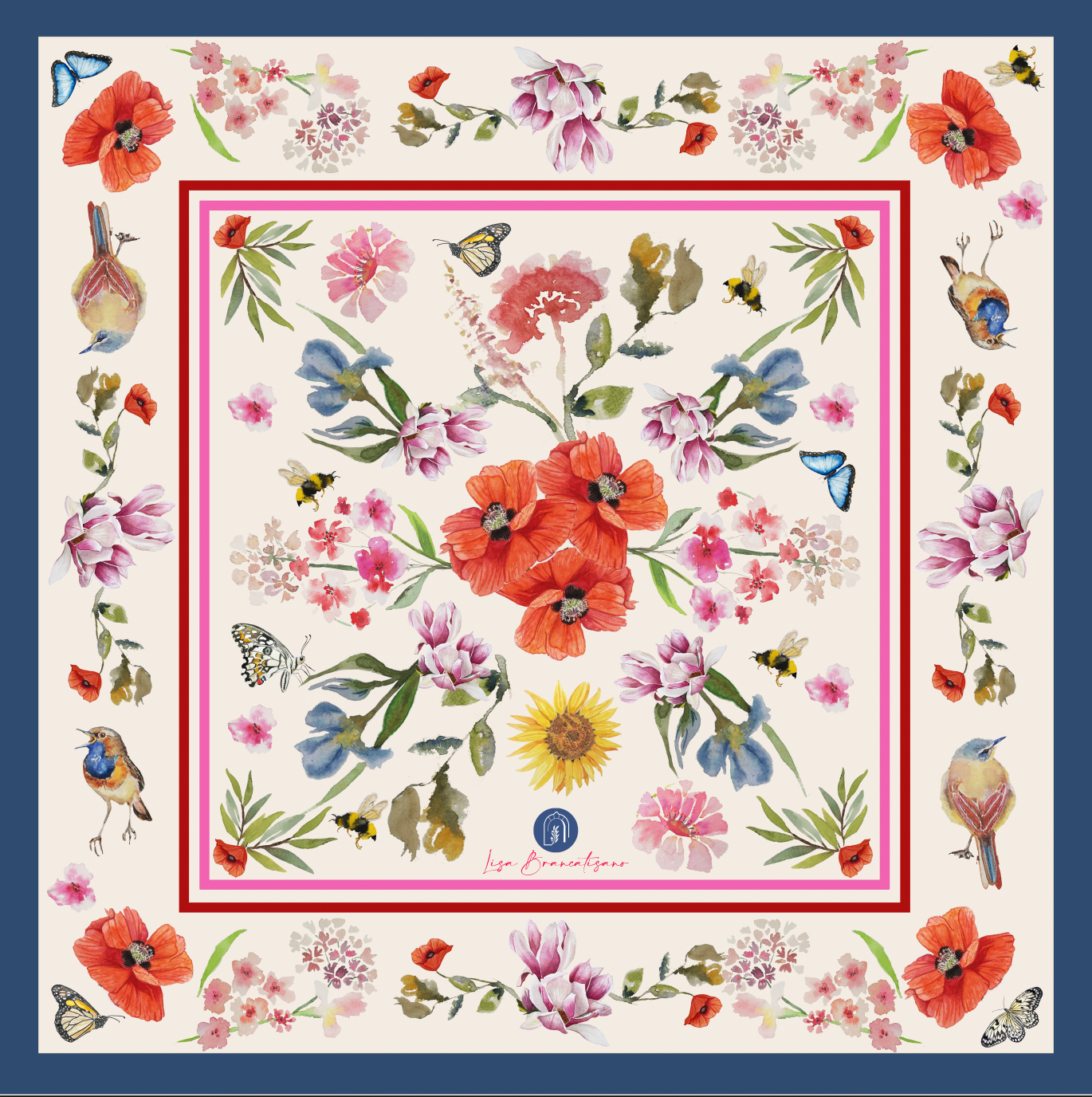 Bright Floral Poppy Silk Scarf / Foulard - 45cm x 45cm