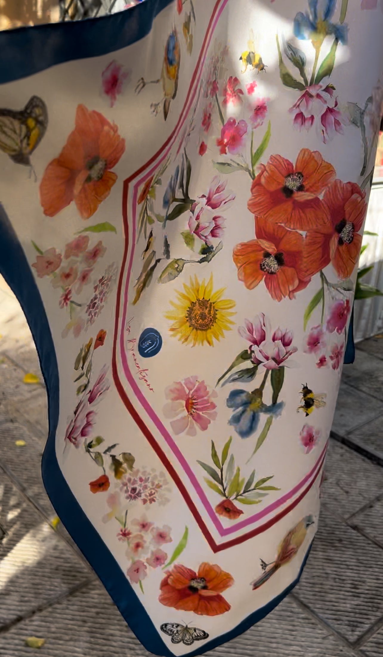 Bright Floral Poppy Silk Scarf / Foulard - 45cm x 45cm