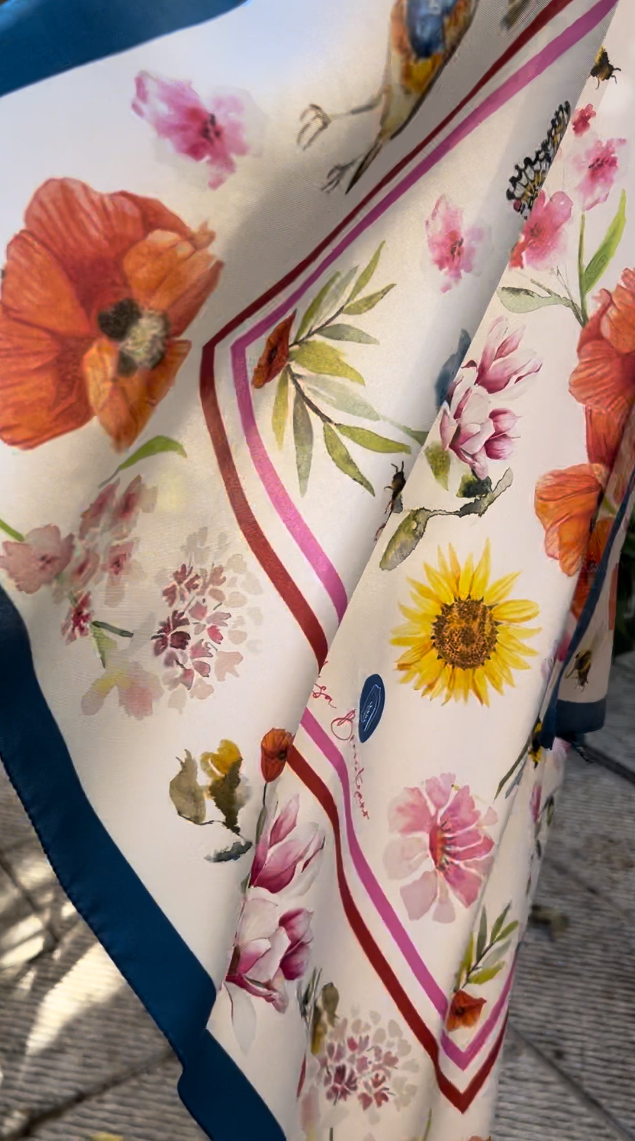 Bright Floral Poppy Silk Scarf / Foulard - 45cm x 45cm